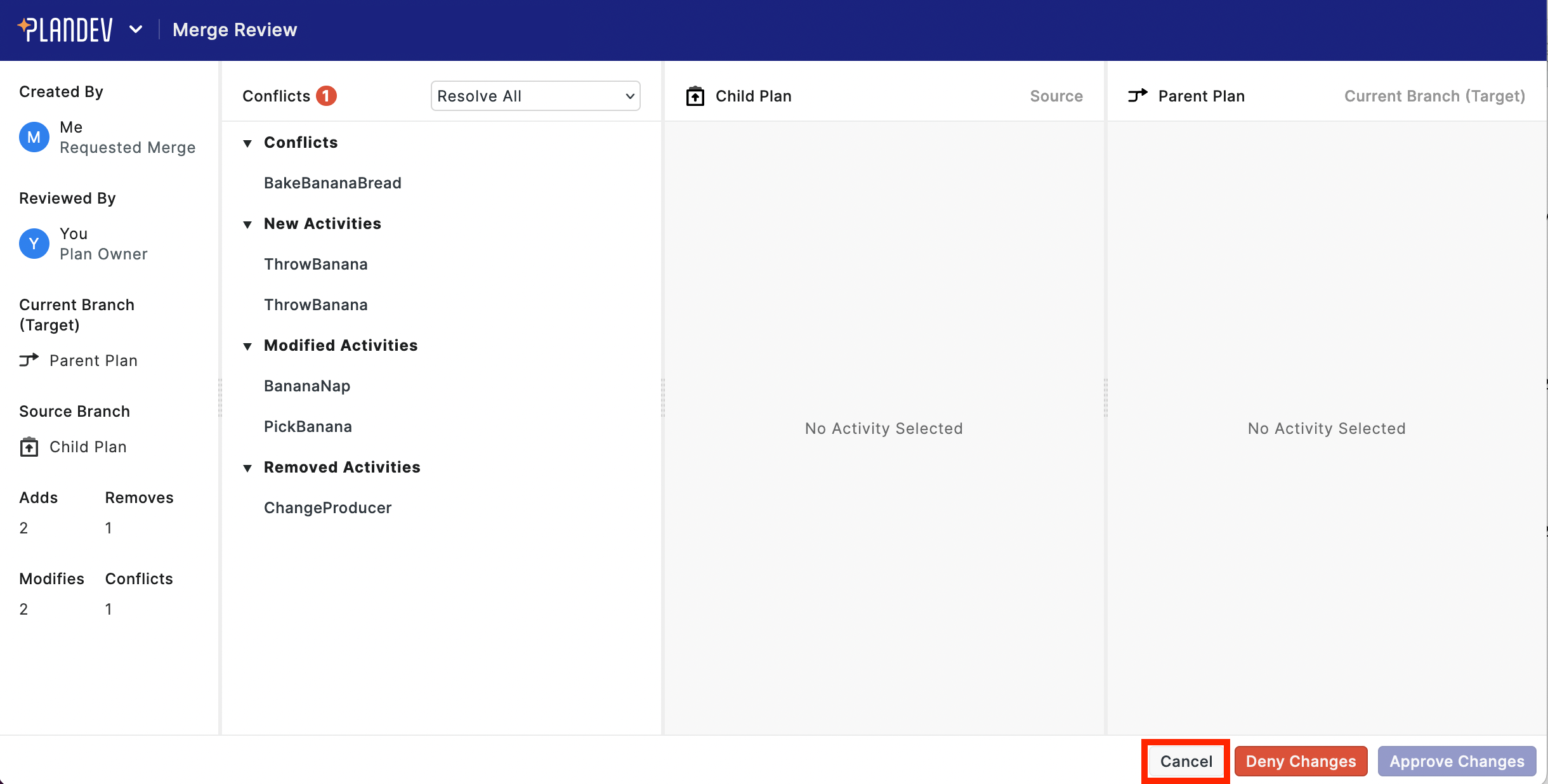 PlanDev UI - Cancel Merge
