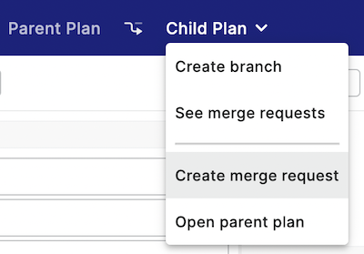 PlanDev UI - Create Merge Request Menu