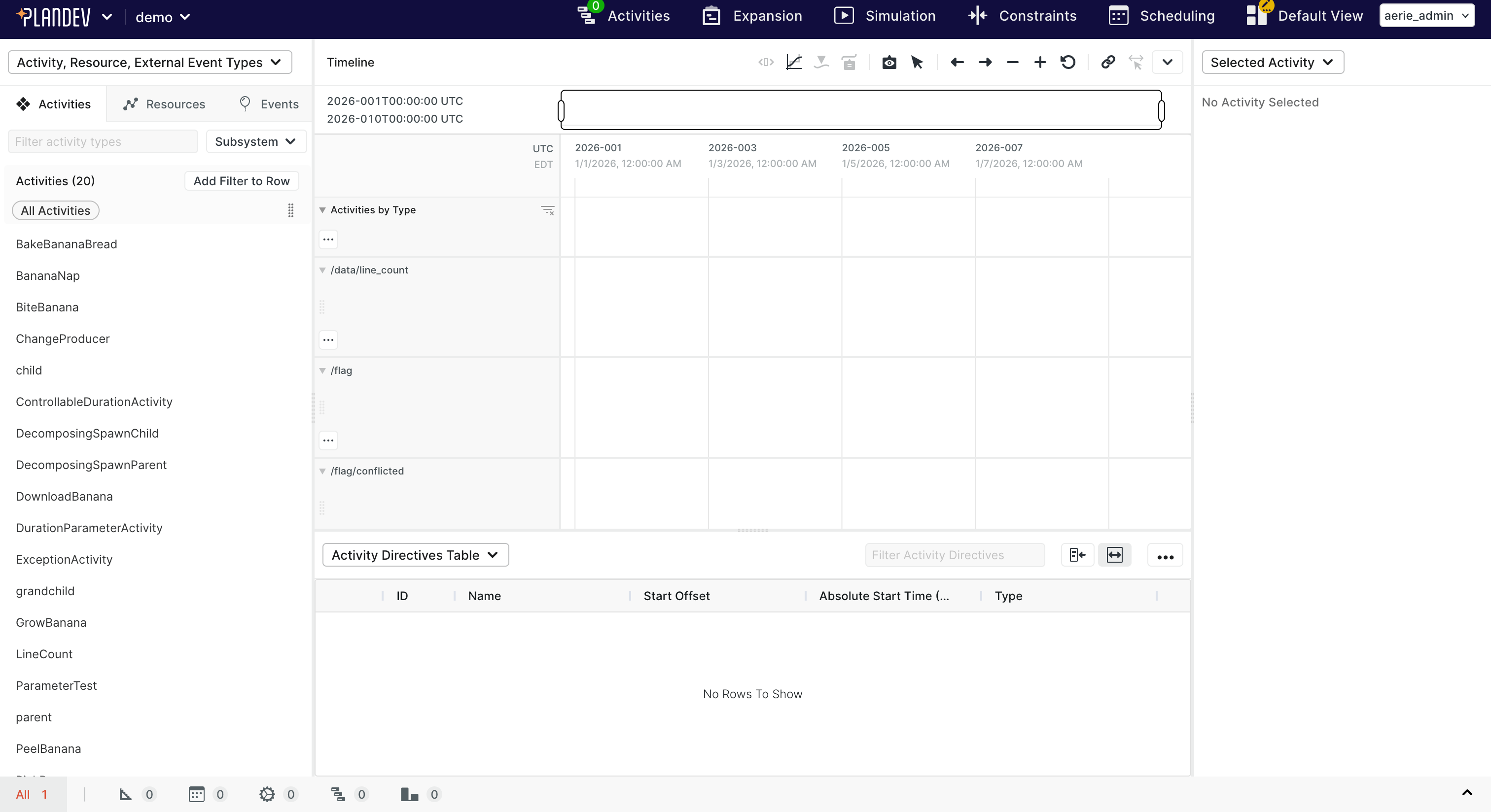 The plans page showing an empty timeline