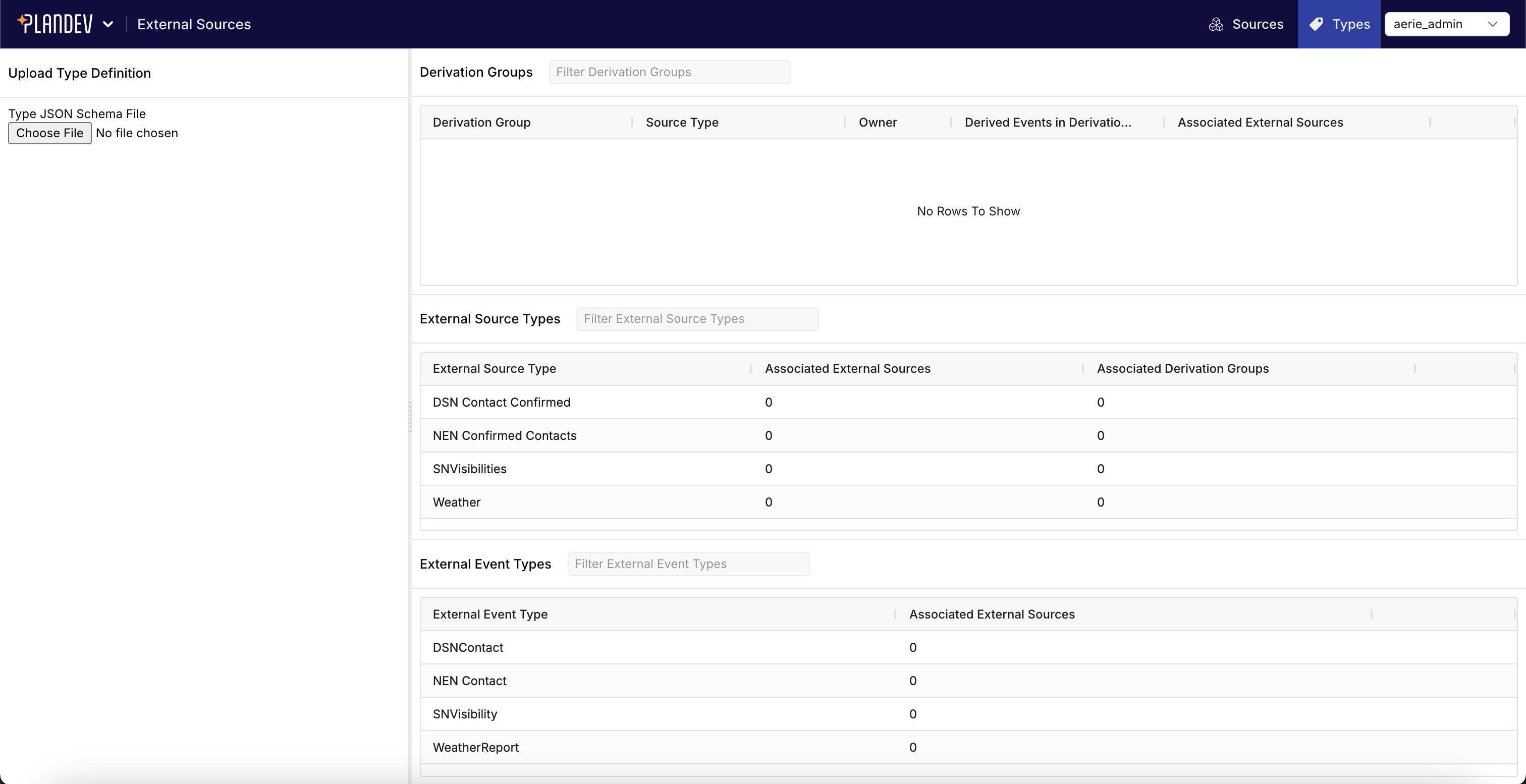 Figure 9: External Source and Event Types Page