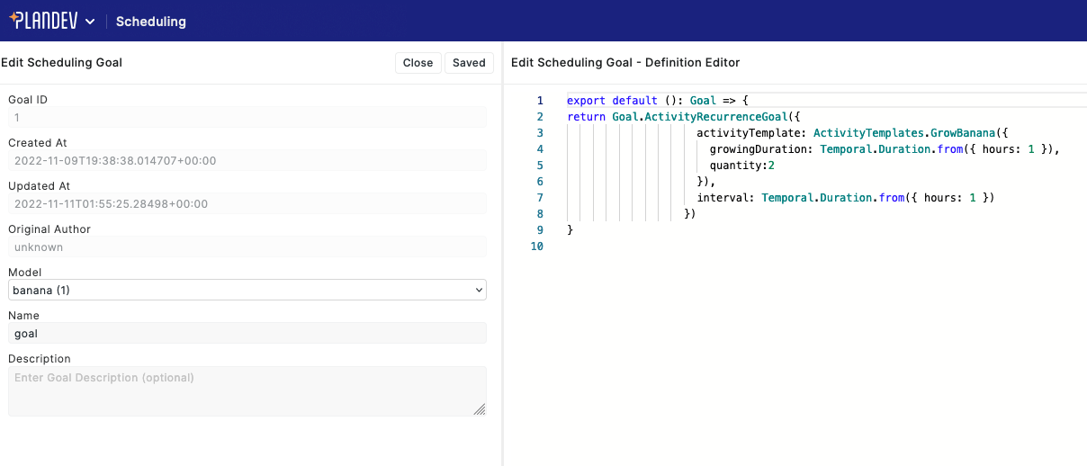 PlanDev UI - Scheduling Goal Editor - Edit Goal