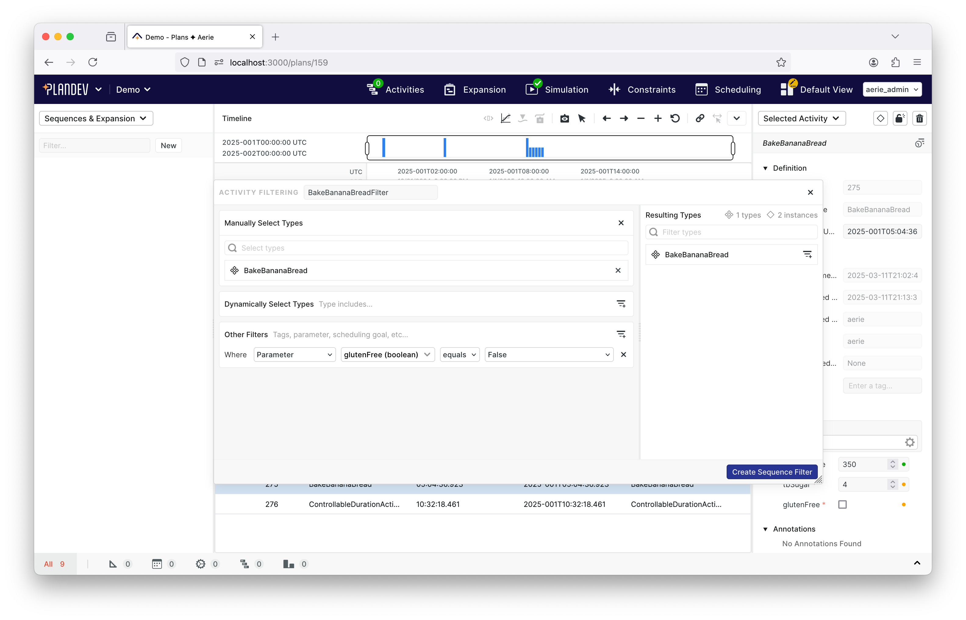 PlanDev UI - Sequence Filter Options