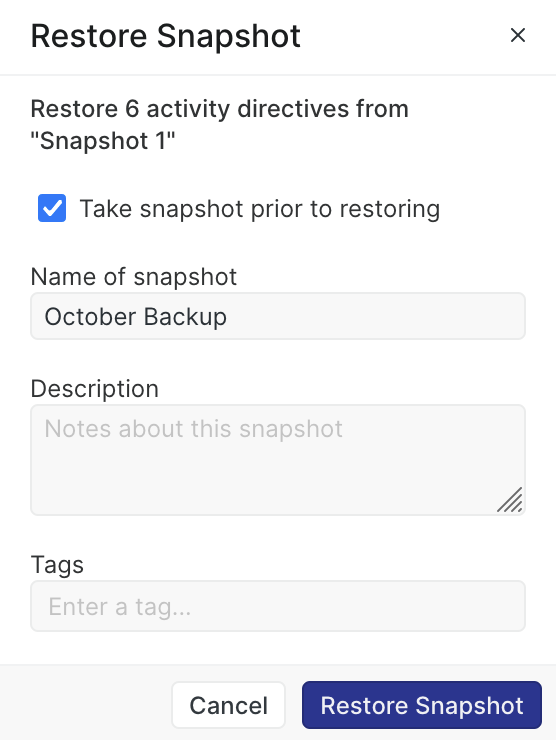 PlanDev UI - Restore and Take Snapshot Modal - Simple