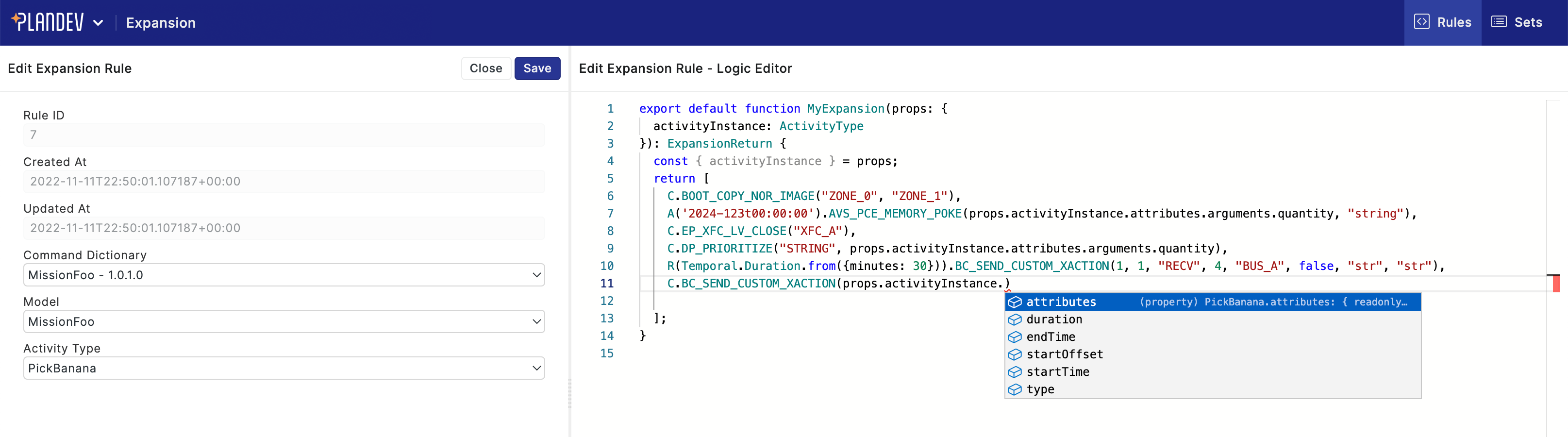 PlanDev UI Expansion Rules Editor - Command Arguments for Activity