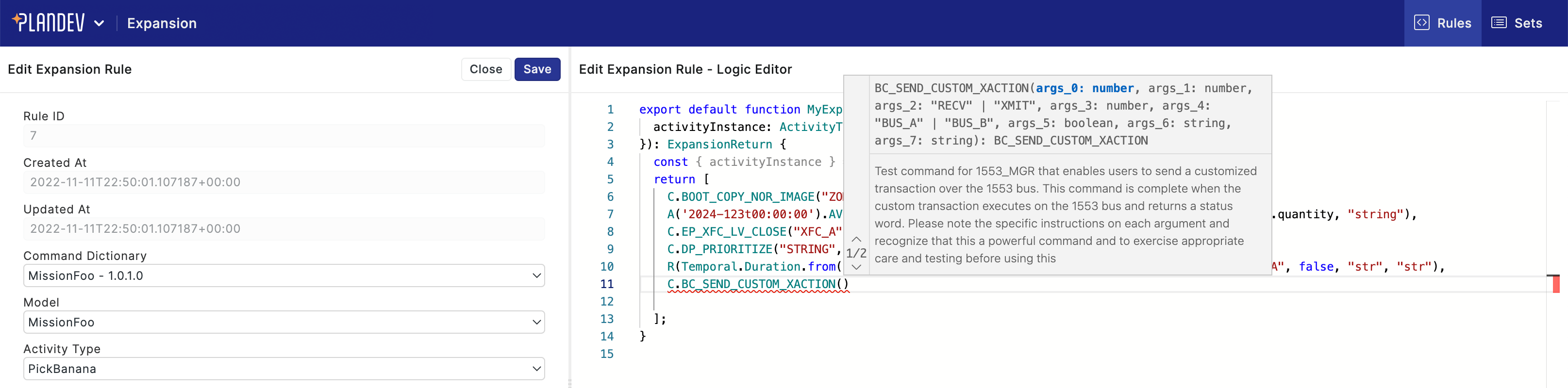 PlanDev UI Expansion Rules Editor - Command Arguments Error