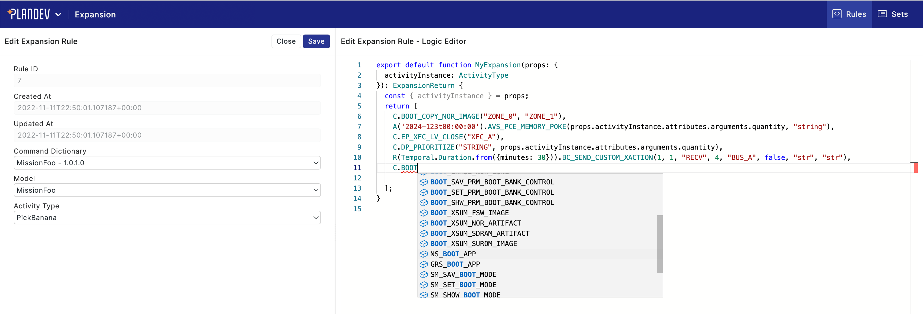 PlanDev UI Expansion Rules Editor - Command Autocomplete