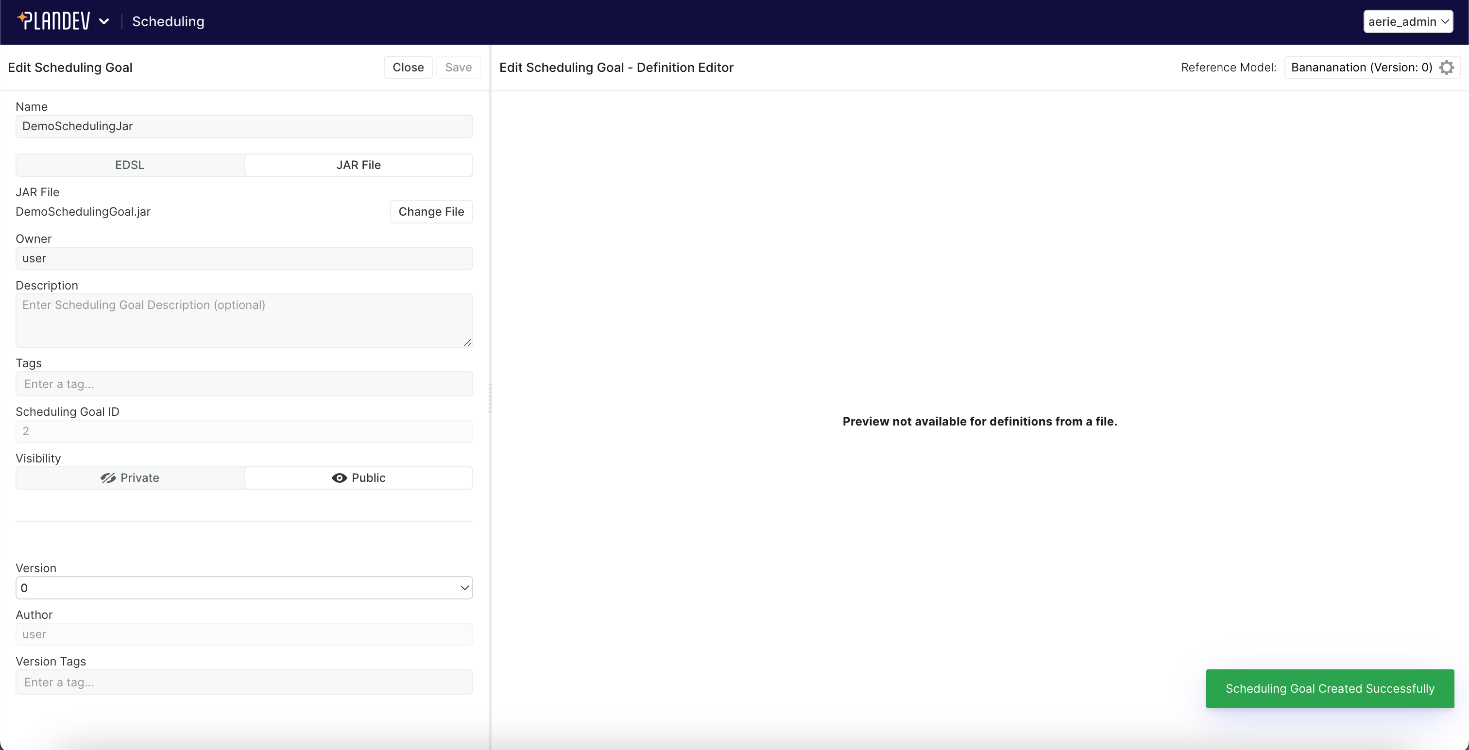 Successful scheduling goal upload