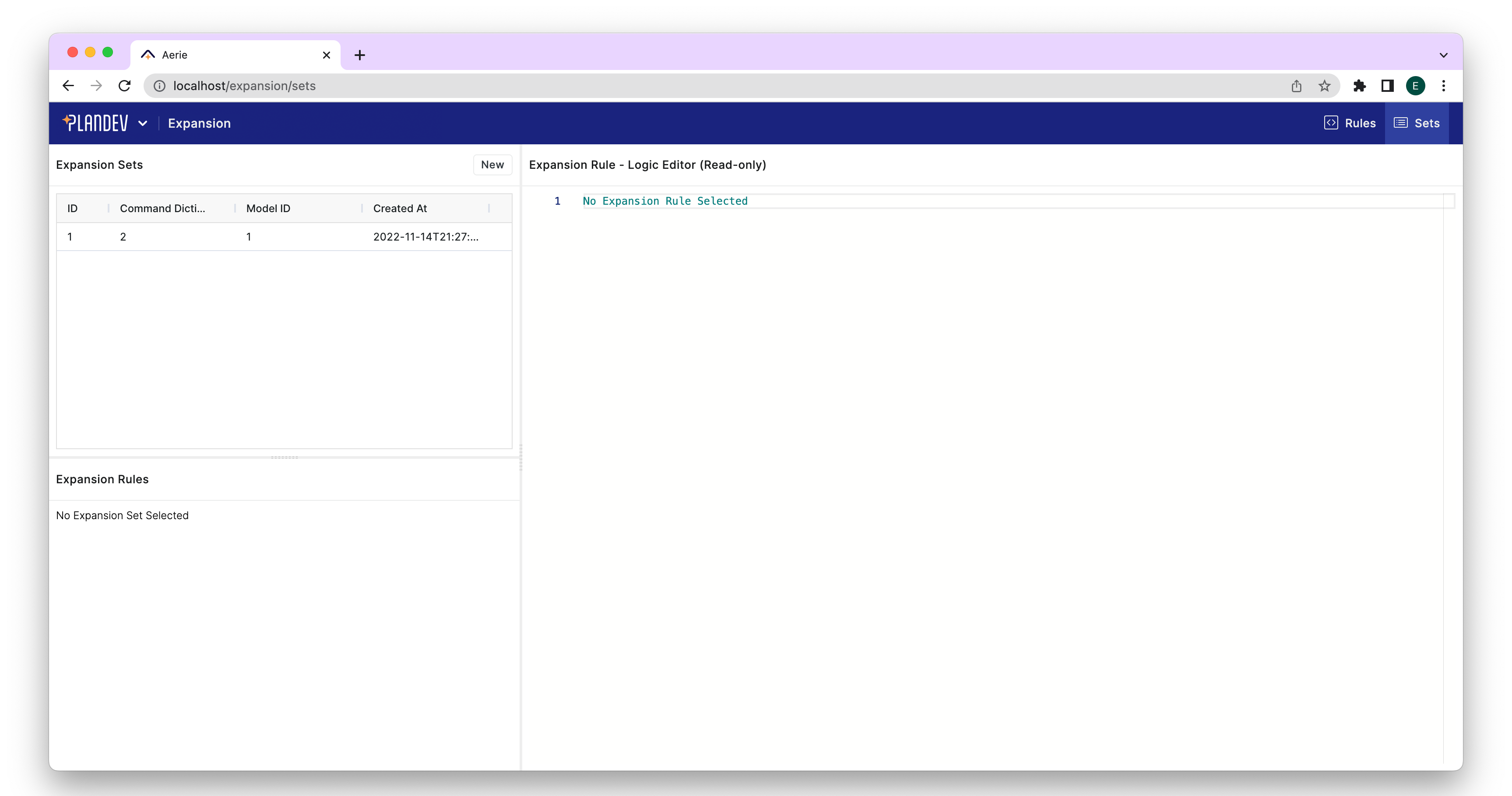 PlanDev UI - Expansion Sets Page