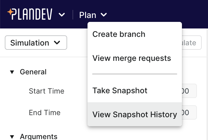 PlanDev UI - Expanded drop down under Plan in the Navbar, the option 'View Snapshot' is highlighted